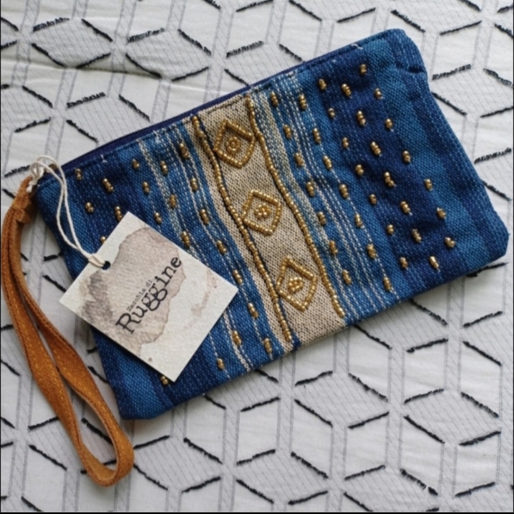 Ruggine Blue and Gold Boho Wristlet